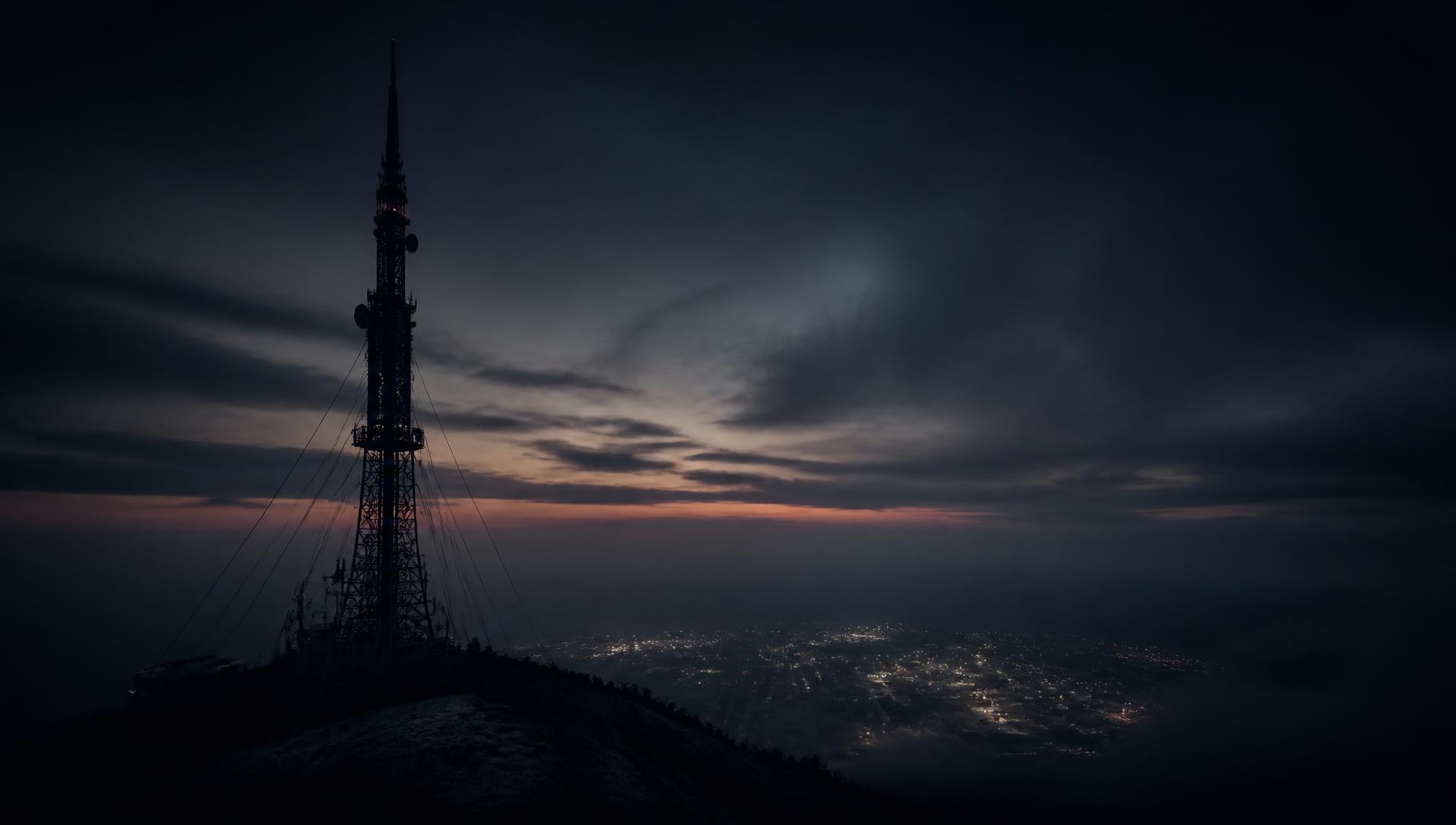 Terrestrial broadcast mast above civilian infrastructure at dusk